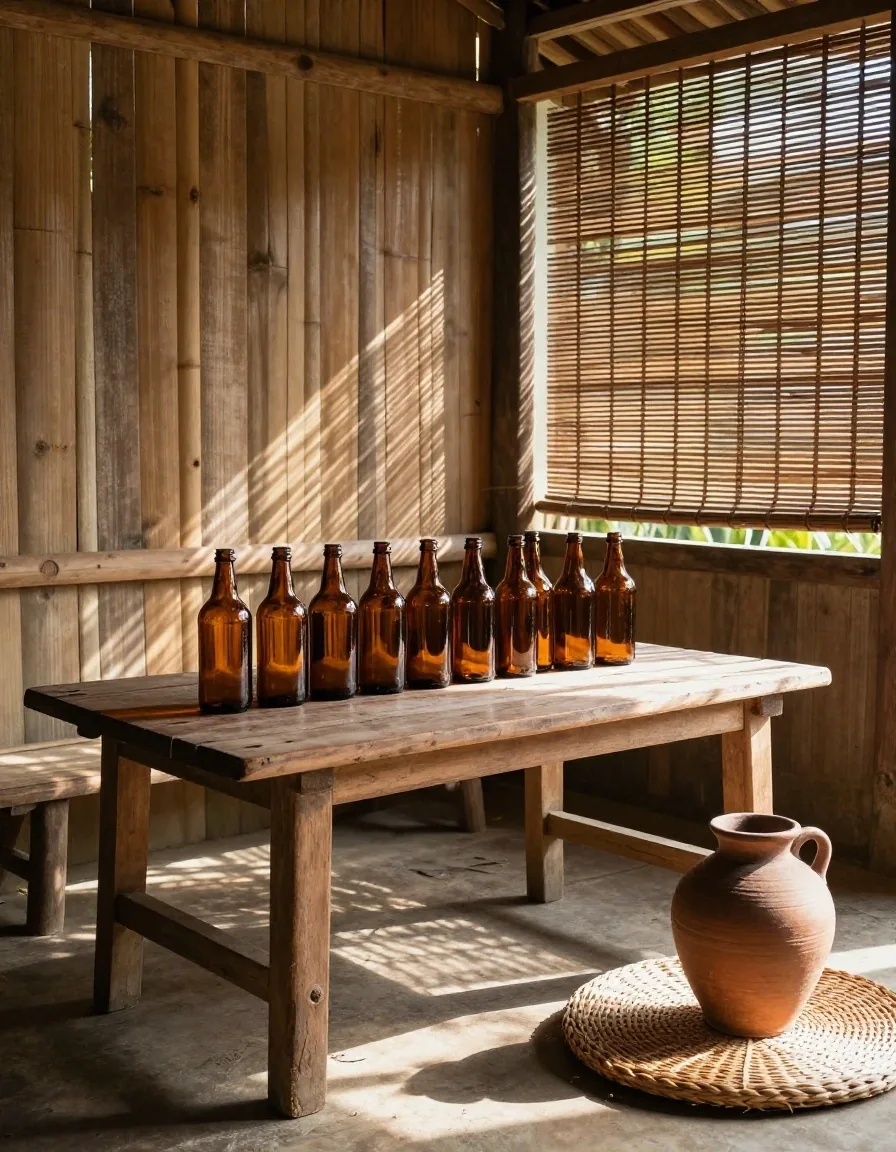 A small row of unlabelled brown bottles on a timber workshop bench