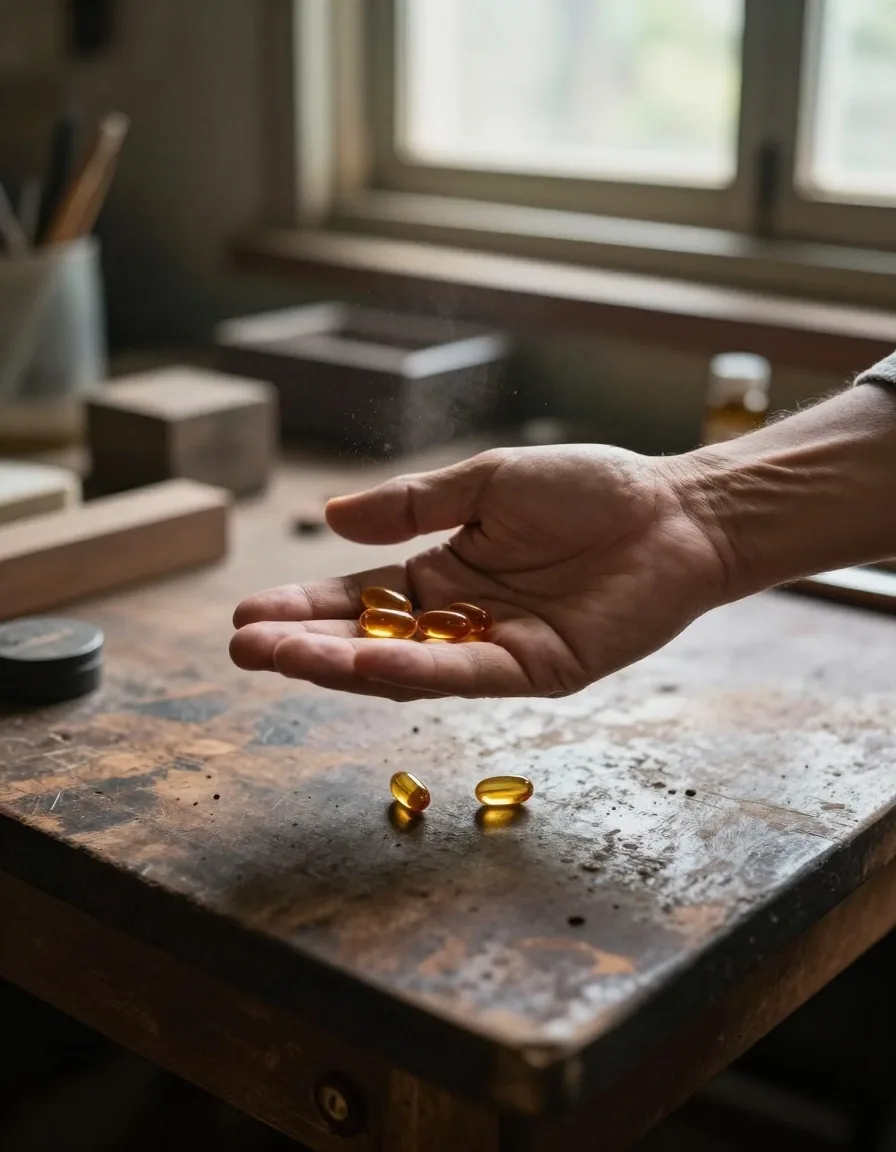 A single unlabelled capsule held between finger and thumb over a dark worktop