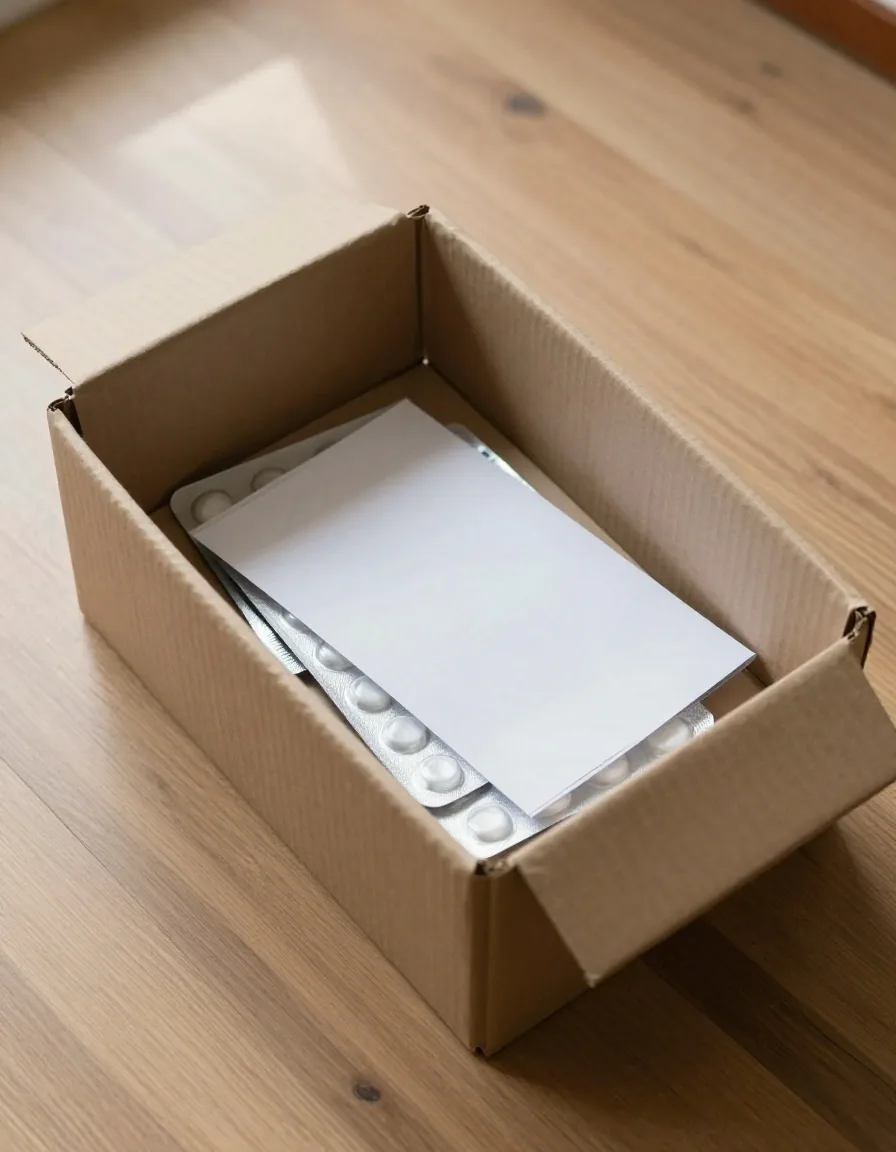 Open shipping carton with unlabelled blister packs ready for an order check