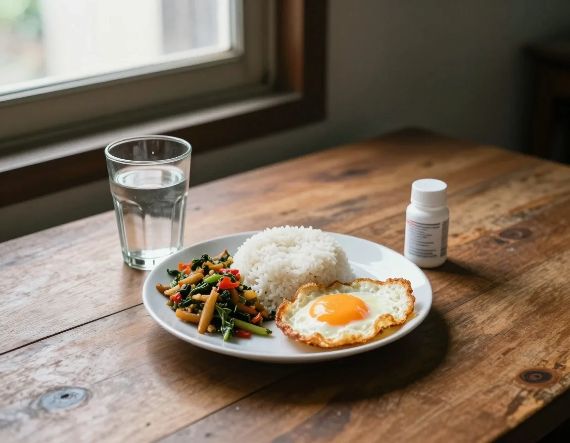 A simple breakfast on a worn wooden kitchen table with a glass of water and a small plain capsule bottle beside a folded cloth