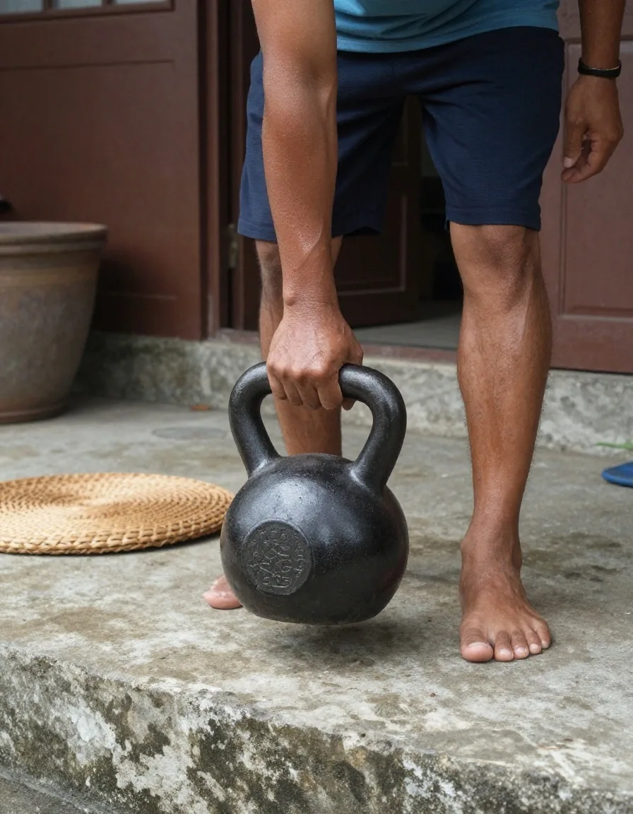 A man mid-set holding a plain kettlebell in a Makassar home yard in natural side light