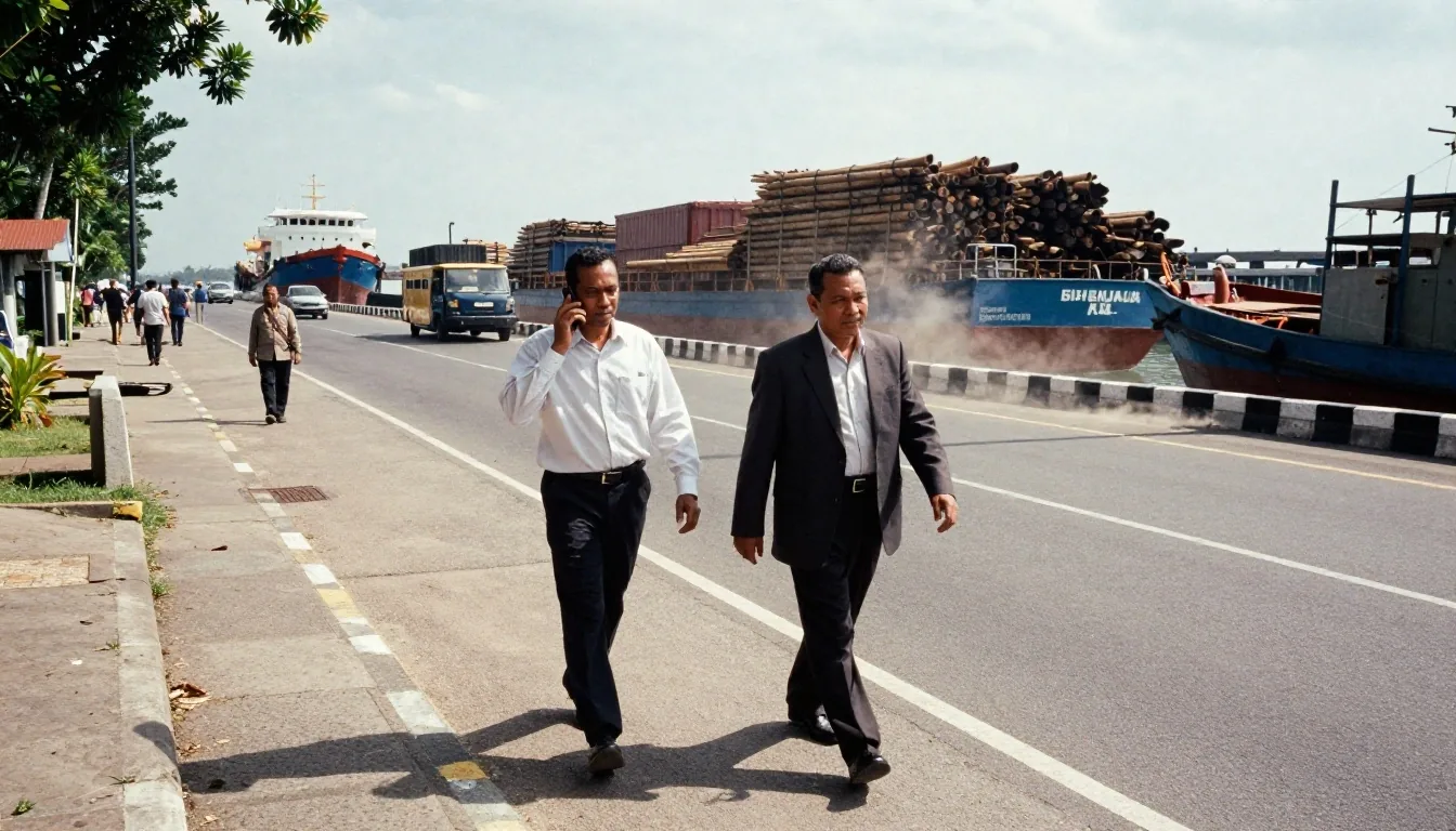 A man in office clothes walking along a Makassar waterfront road during a phone break in late-afternoon light