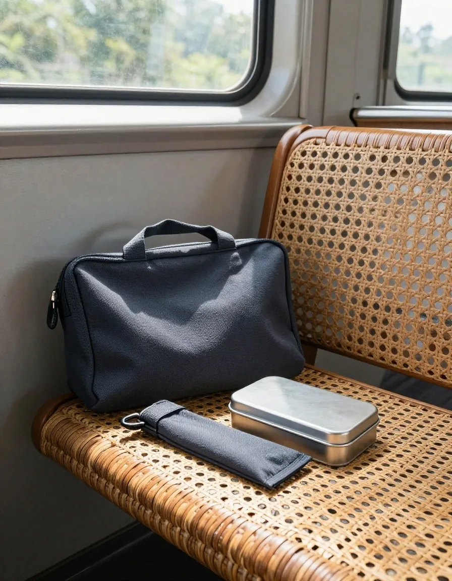 A canvas travel pouch and a plain supplement tin on a train seat in daylight