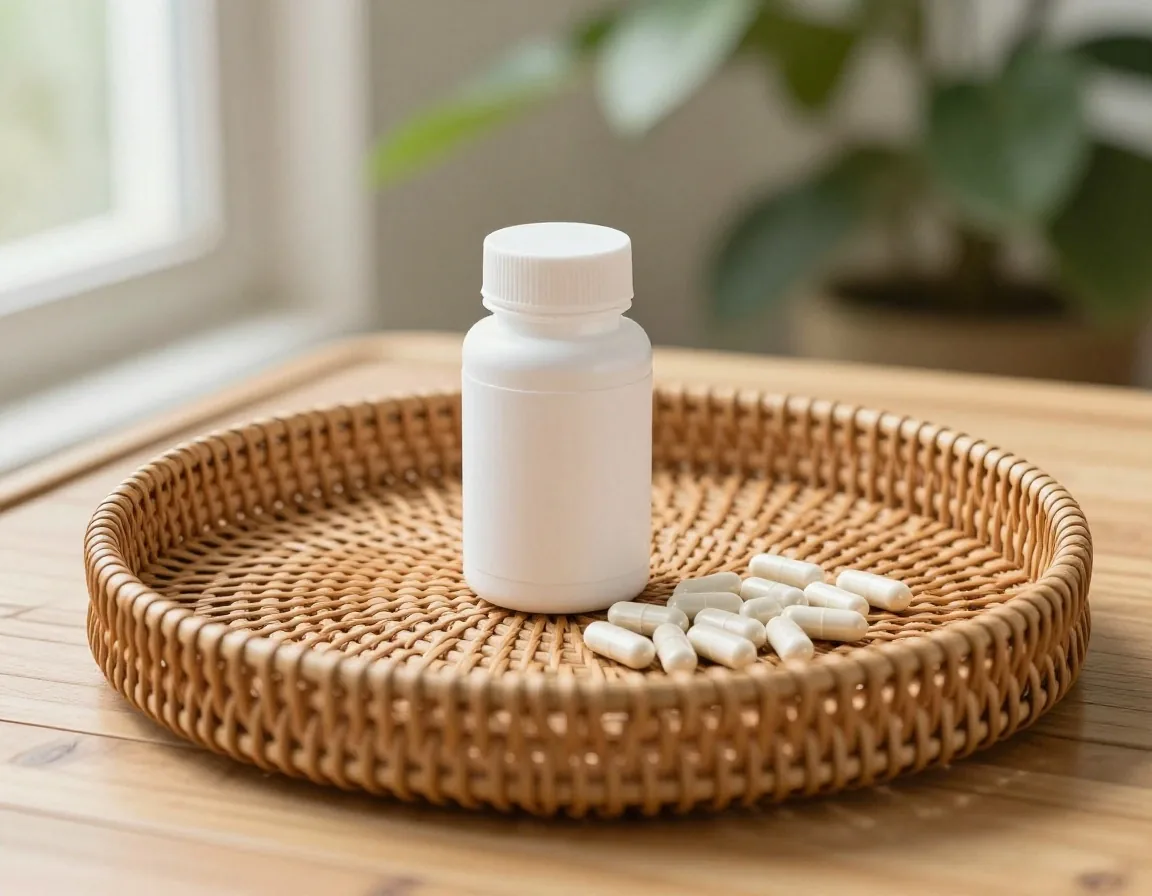 An unbranded supplement bottle with loose capsules on a slate surface in natural side light