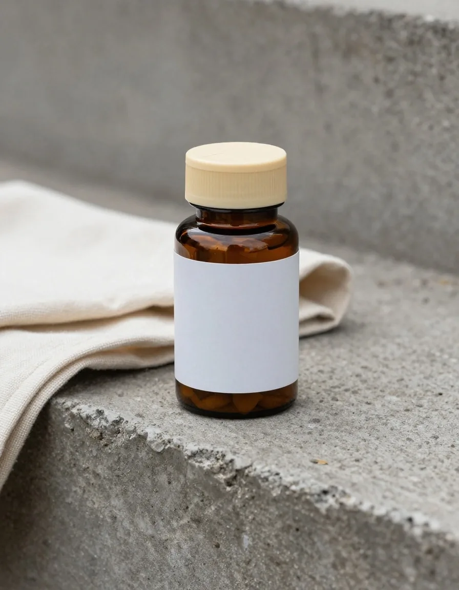 An unbranded amber supplement bottle on a concrete ledge beside folded canvas