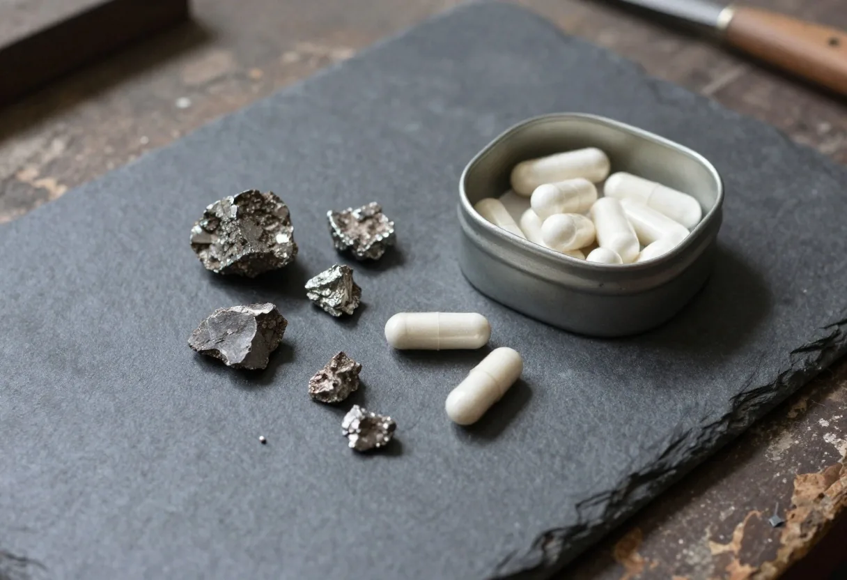 Mineral capsules and rough mineral pieces arranged on a matte slate surface on a workshop bench