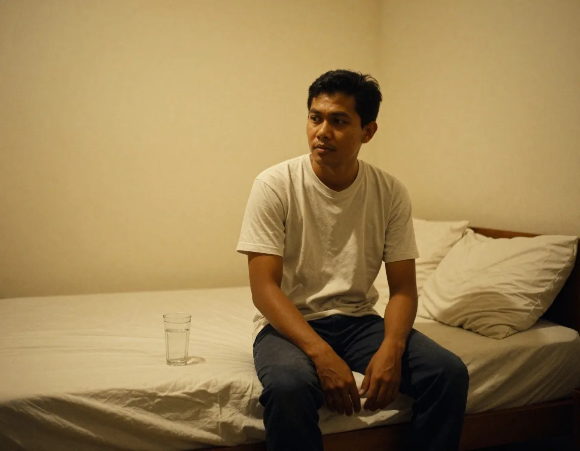 Man sitting on the edge of a bed in the evening with a glass of water and an unmarked bottle on the nightstand