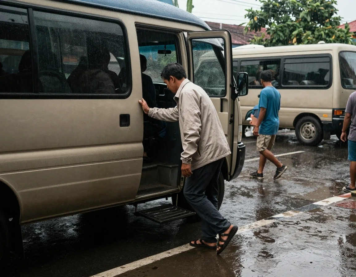 Man in a damp jacket stepping out of a crowded minibus on a wet street during the rainy season